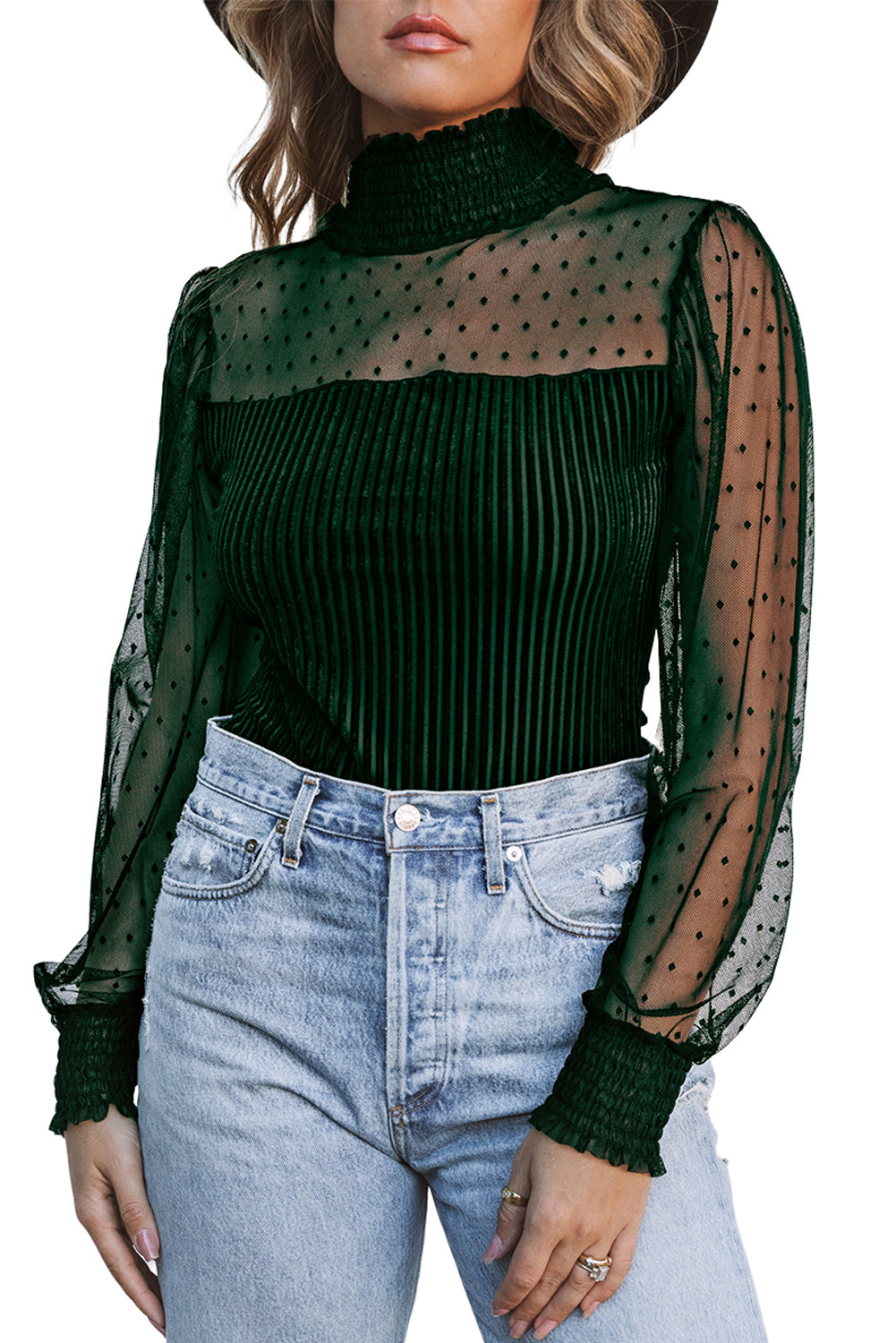 Green Sheer Dotty Long Sleeve Ribbed Velvet Bodysuit