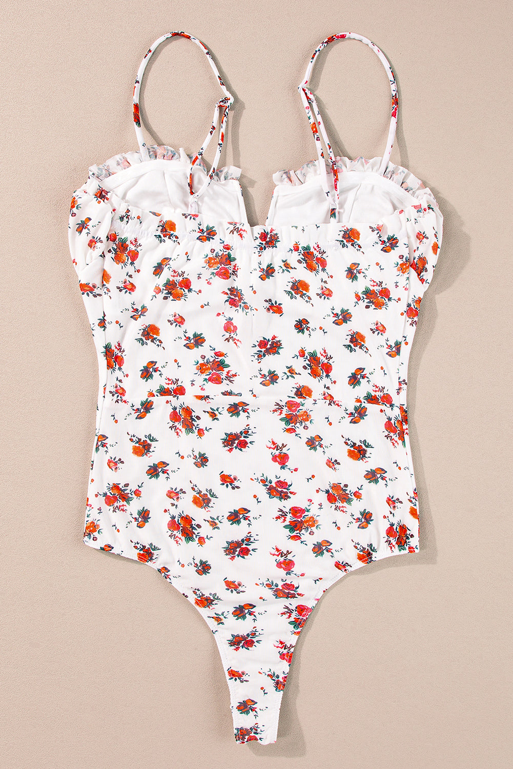 White Floral V Cut Frilled Trim Spaghetti Straps Bodysuit