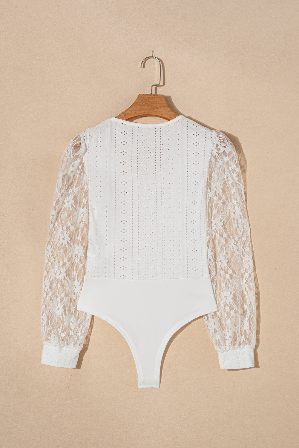 White Frenchy Contrast Lace Bishop Sleeve Bodysuit