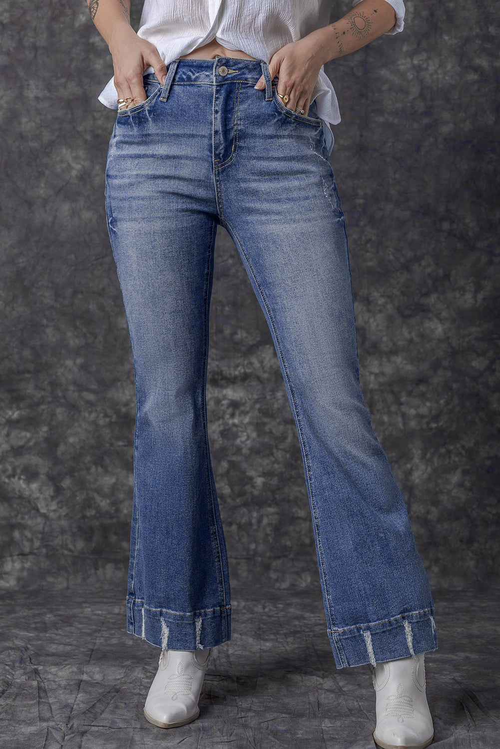 Sky Blue Slight Distressed Medium Wash Flare Jeans