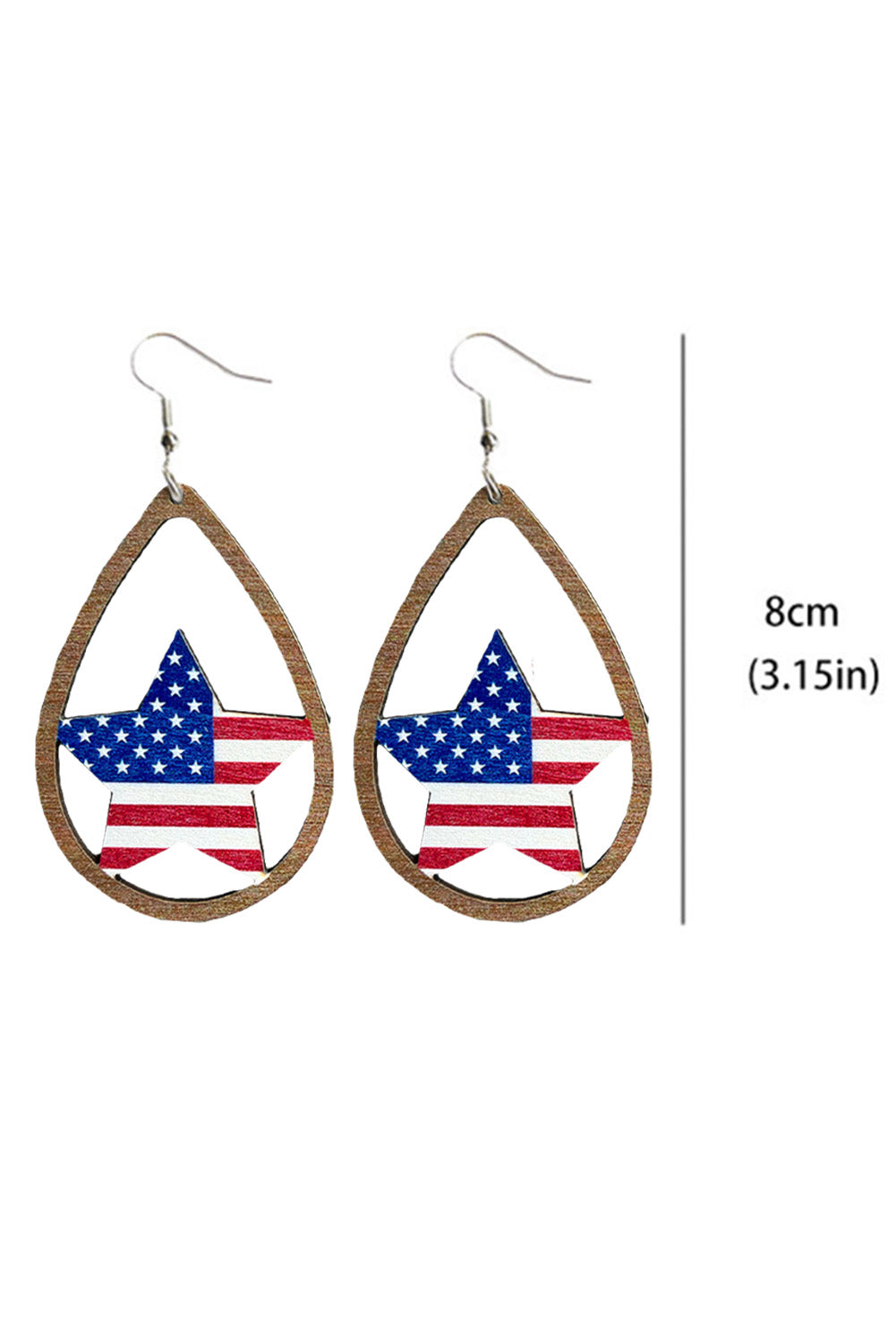 Fiery Red American Flag Heart Shape Hollowed Wood Drop Earrings