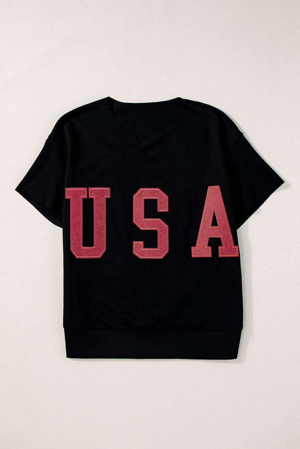 Black USA Lettering Patch Notched Neck Loose Tee