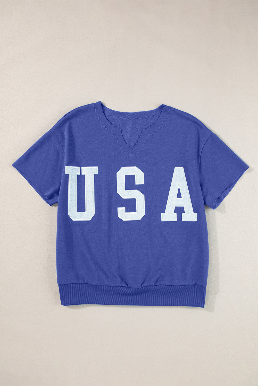 Dark Blue USA Lettering Patch Notched Neck Loose Tee