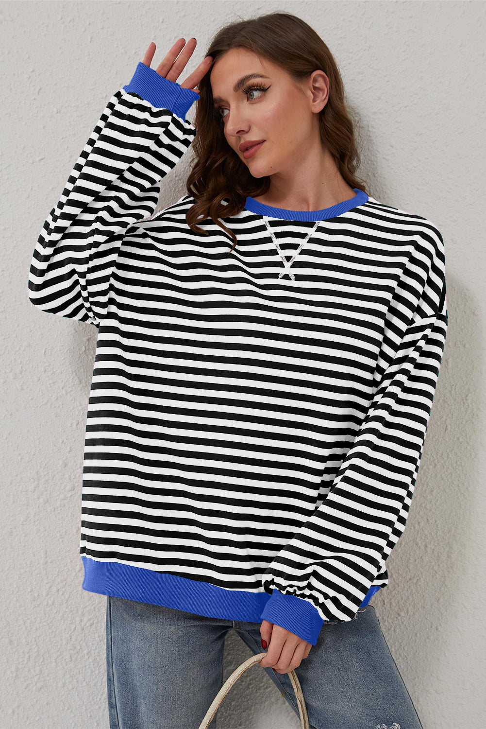 Sky Blue Stripe Oversized Contrast Trim Pullover Sweatshirt