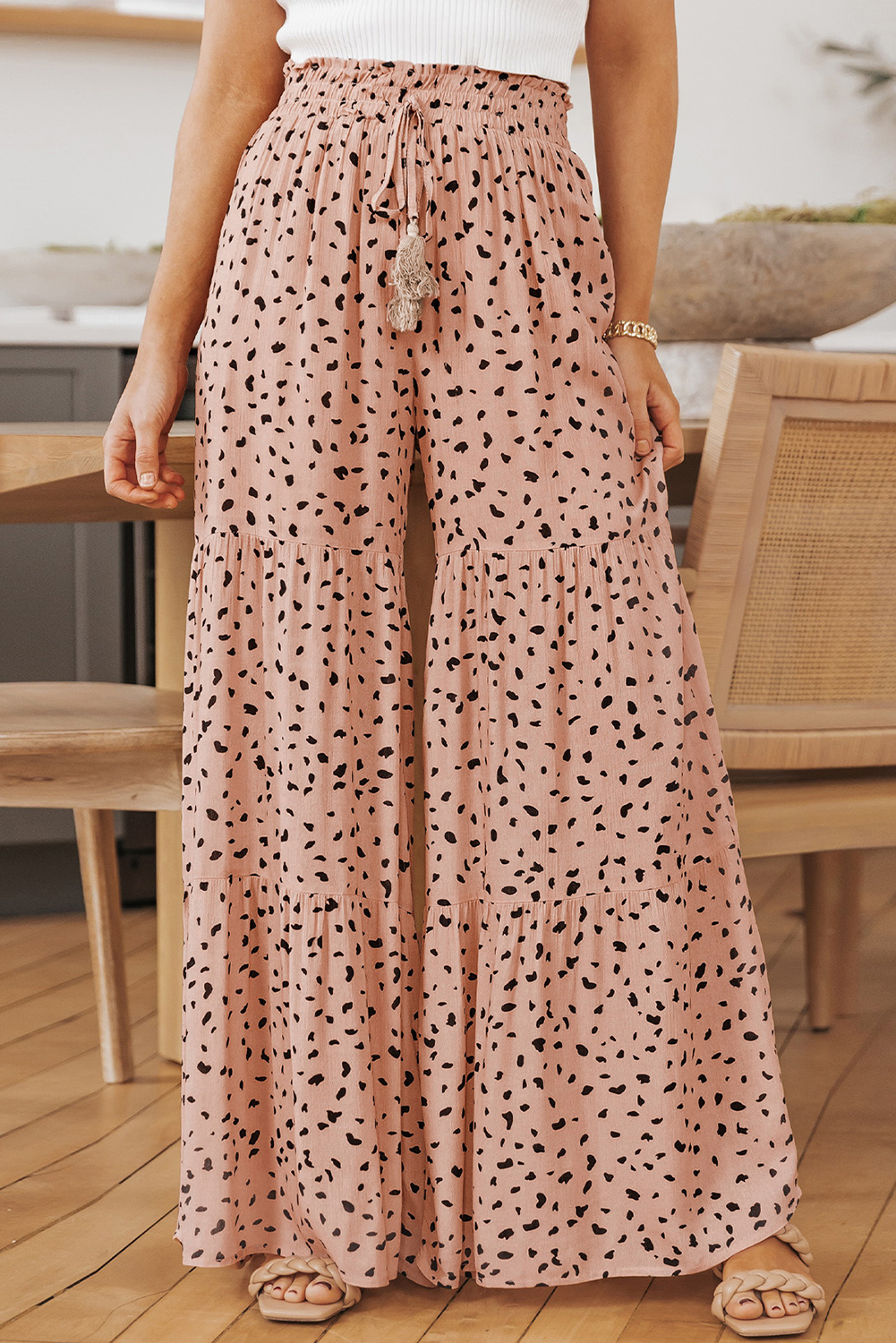 Brown Ruffle Wide Leg Dalmatian Palazzo Pants