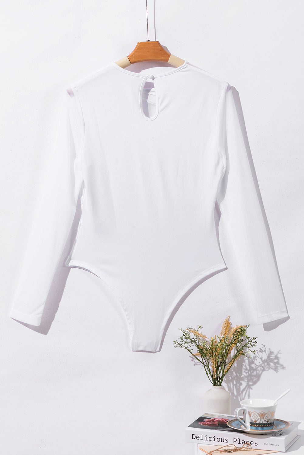 White Mesh Splicing Back Cutout Long Sleeve Bodysuit