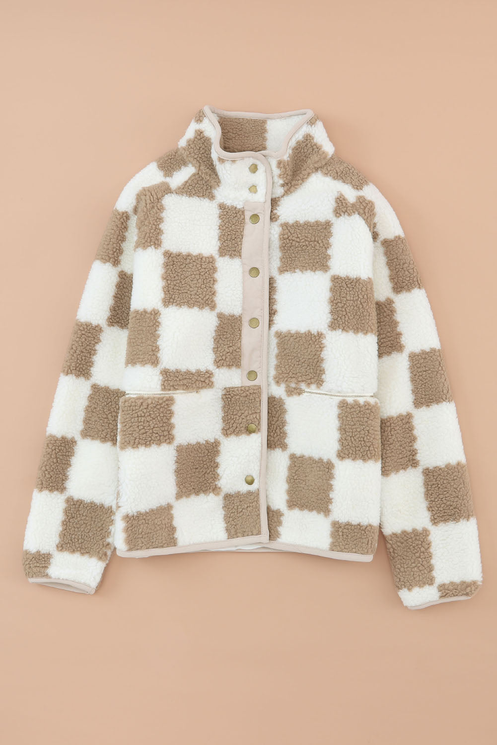 Brown Checked Snap Button Sherpa Jacket