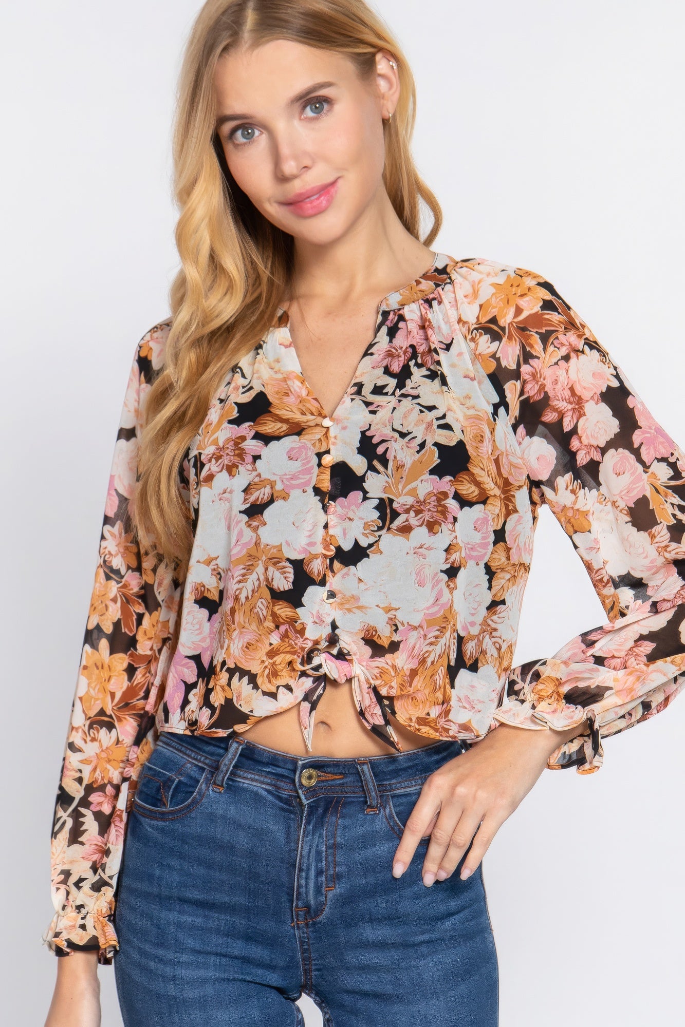 Front Tie Detail Print Woven Blouse