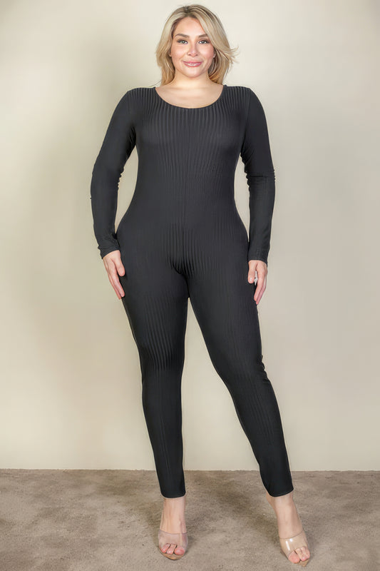 Plus Size Ribbed Scoop Neck Long Sleeve Jumpsuit