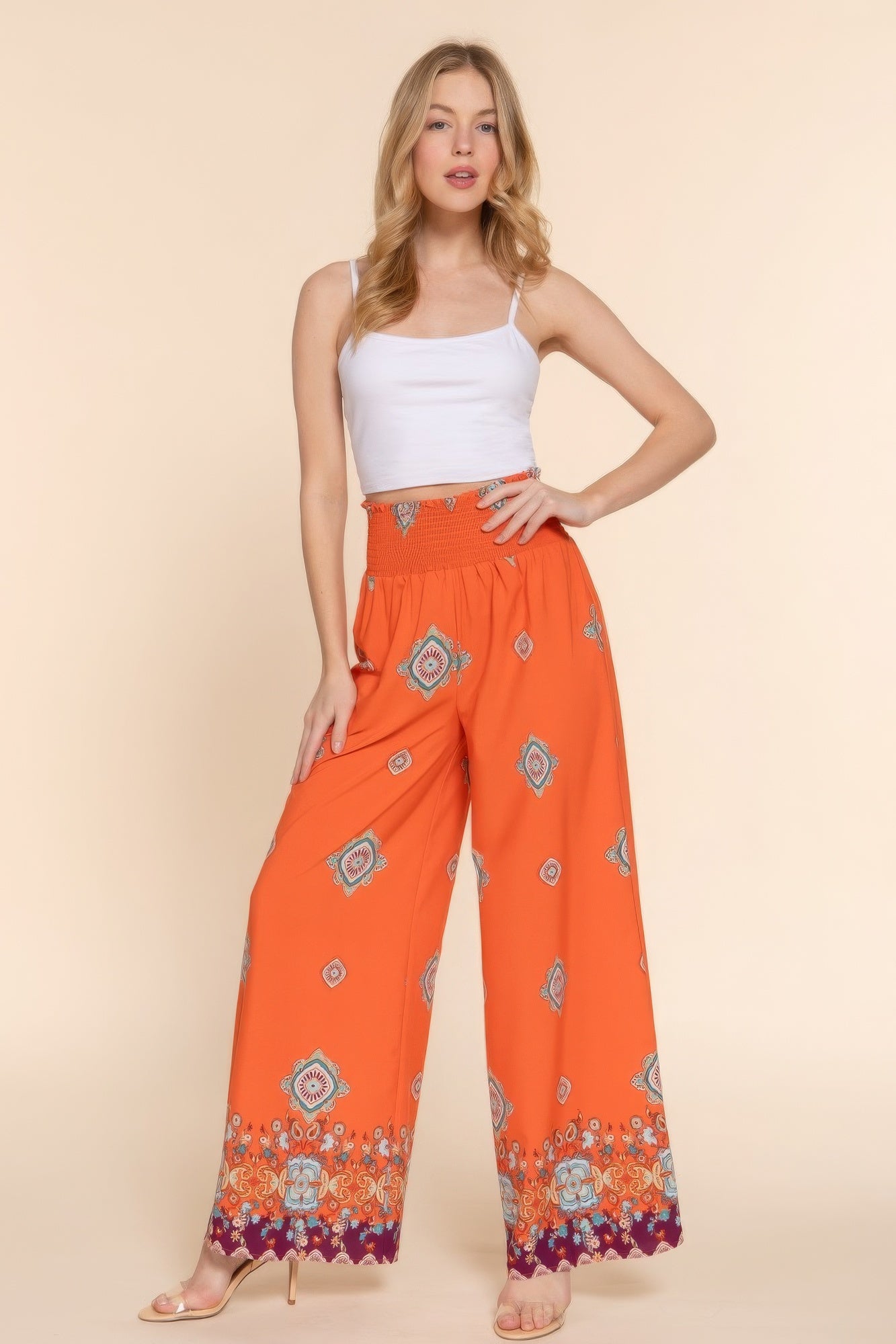 Wide Leg Border Print Woven Pants