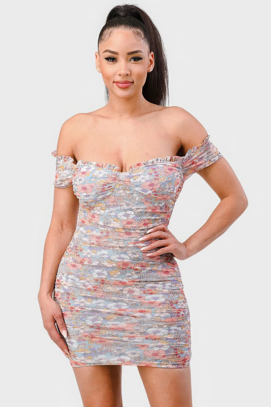 Floral Print Mesh Sweetheart Ruffled Off Shoulder Ruched Mini Dress