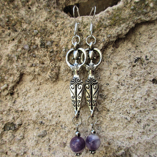 Silver Metal Natural Purple Crystal Pendant Earrings