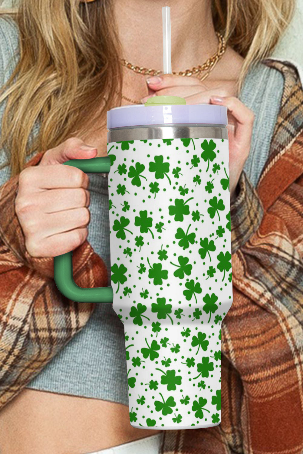 Dark Green Clover Print Thermos Cup with Handle 40oz