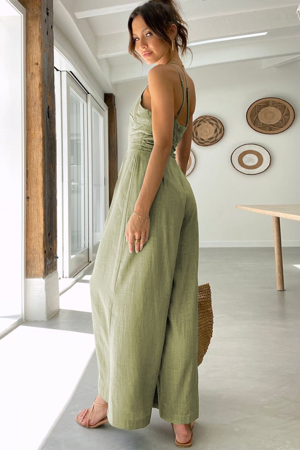 Green Asymmetric Thin Straps One-shoulder Wide Leg Jumpsuit