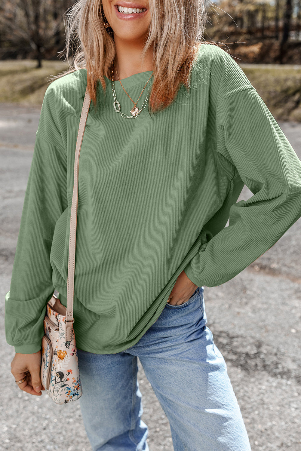 Grass Green Ribbed Corduroy Oversized Sweatshirt