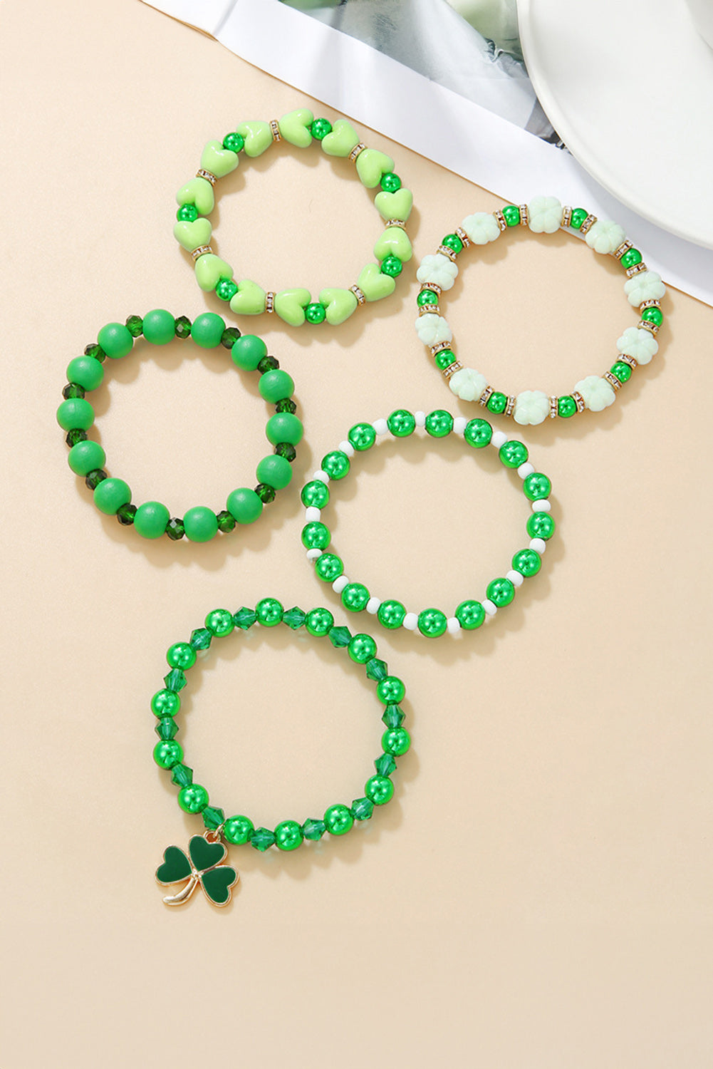 Green Clover Pendant Beaded 5pcs Bracelet Set