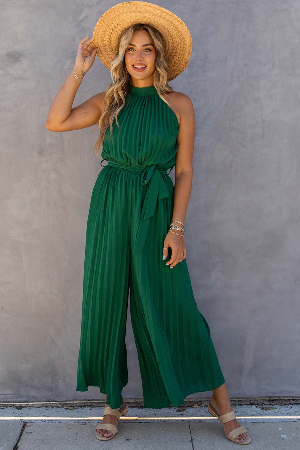 Green Halter Neck Pleated Wide Leg Jumpsuit with Belt